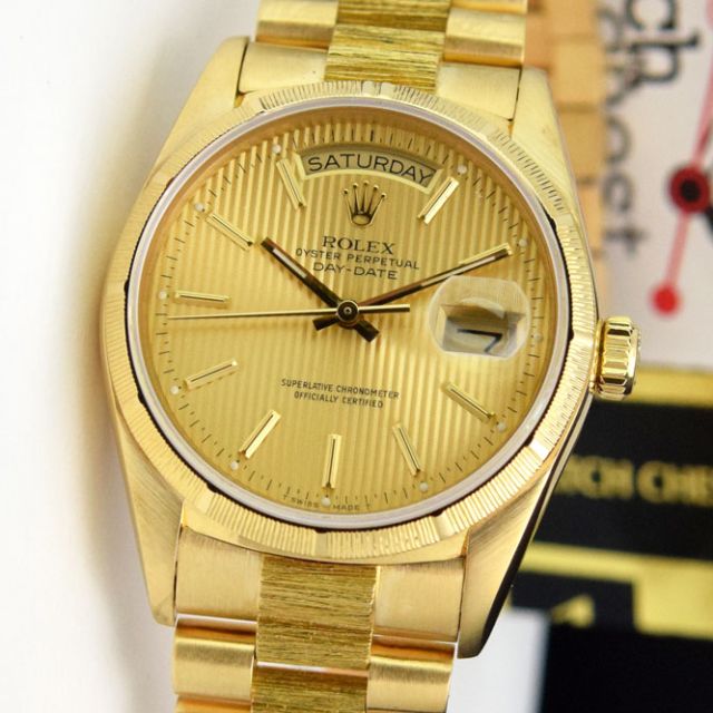 Rolex Day-Date 36, Bark President Bracelet, Champagne Tapestry Face, Yellow Gold, 18078
