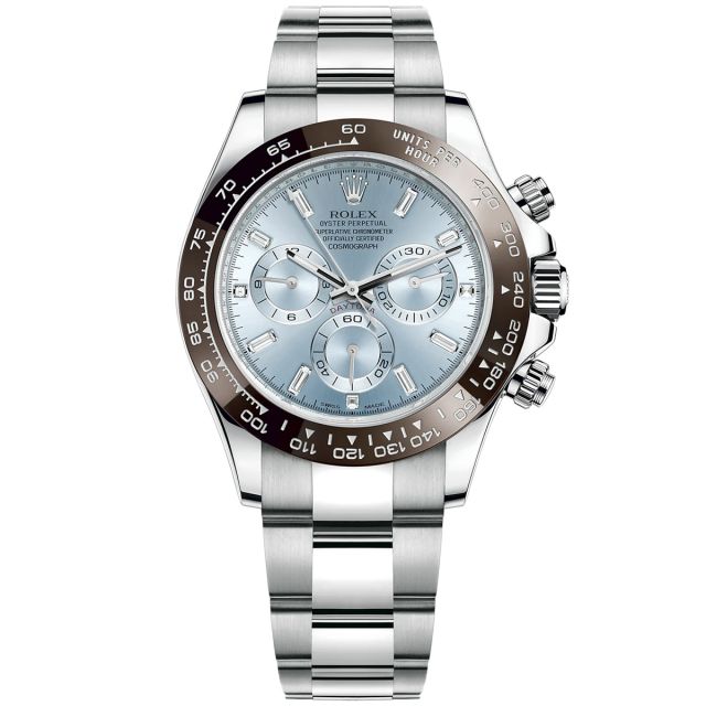 New Rolex Cosmograph Daytona 116506 Wristwatch, Oyster Bracelet, Ice-Blue Diamond Dial, Brown Tachymeter Bezel