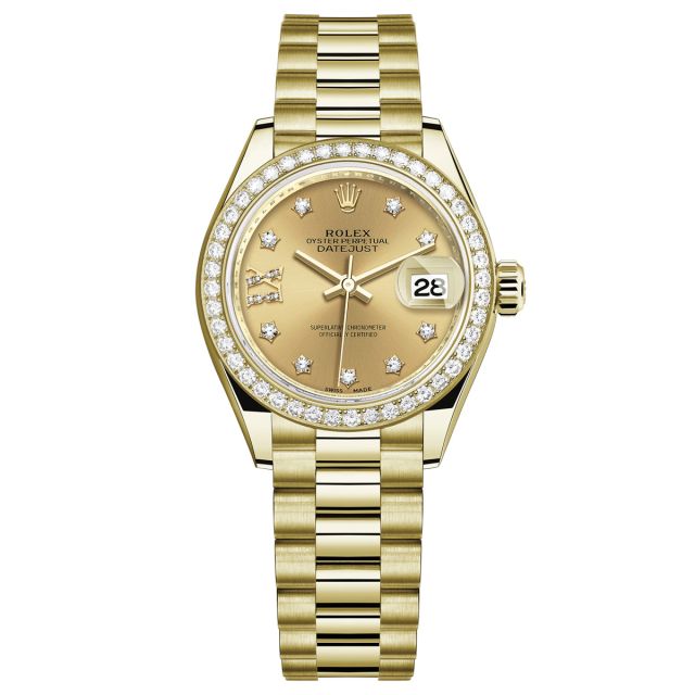 New Rolex Lady-Datejust 28 279138RBR Wristwatch, President Bracelet, Champagne Diamond Dial, Diamond Bezel