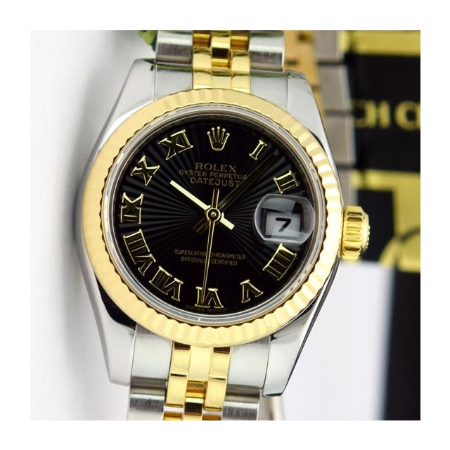 Rolex Lady Datejust Yellow Gold Steel Black Sunbeam Roman Dial 179173 Jubilee Watch Chest