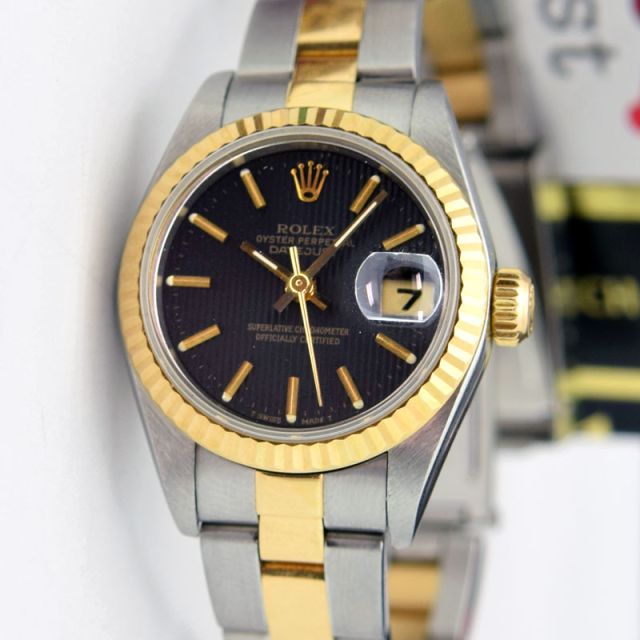 Rolex Lady Datejust Yellow Gold Steel Black Tapestry 69173 WATCH CHEST