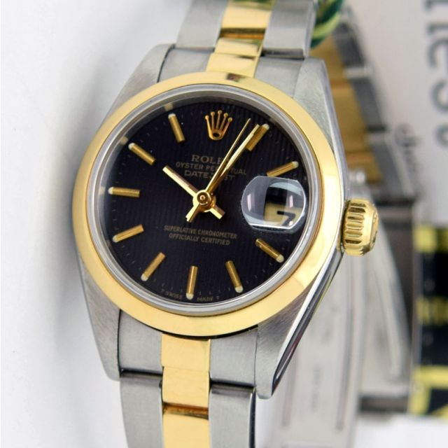 Rolex Lady Datejust Gold Steel Black Tapestry Dial 79163 Oyster WATCH CHEST