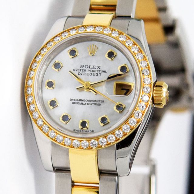 Rolex Lady Datejust Yellow Gold Steel Mother of Pearl Sapphire Dial 179173 Oyster Watch Chest