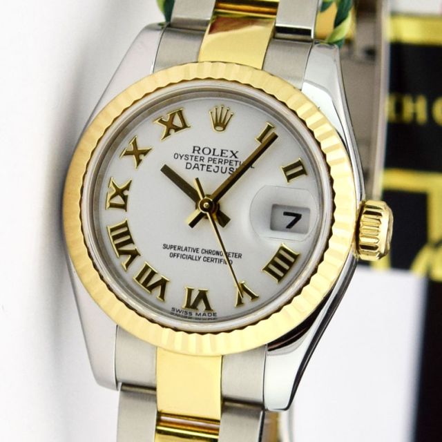 Rolex Lady Datejust Yellow Gold Steel White Roman Dial 179173 Oyster Watch Chest