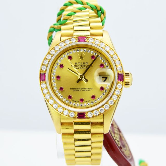 Rolex Lady Datejust Yellow Gold Ruby & Diamond Dial Diamond & Ruby Bezel 69138 President Watch Chest
