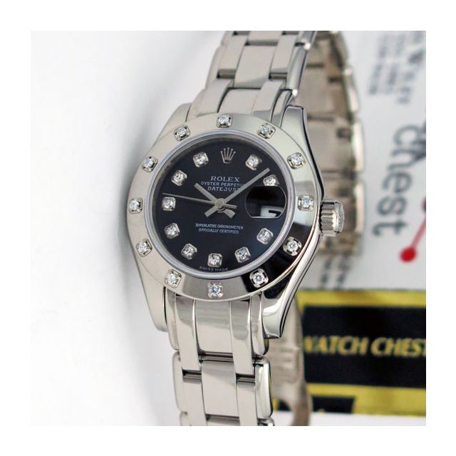 Rolex Lady Datejust White Gold Black Diamond Dial Bezel 80319 Rehaut Pearlmaster Watch Chest