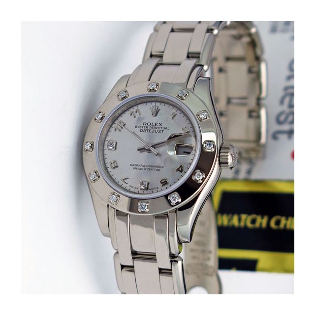 Rolex Lady Datejust White Gold Goldust Mother of Pearl Diamond Arabic Dial Bezel 80319 Rehaut Pearlmaster Watch Chest