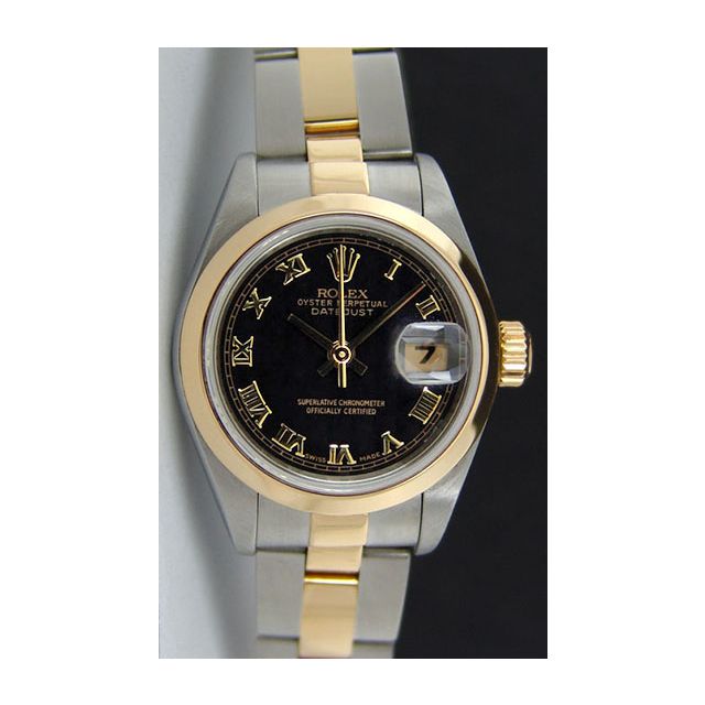 Rolex Lady Datejust Yellow Gold Steel Black Pyramid Roman Dial 79163 Oyster WATCH CHEST