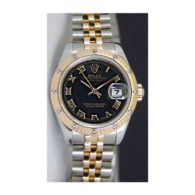 Rolex Lady Datejust Yellow Gold Steel Black Roman Dial Diamond Bezel 179313 Rehaut Jubilee Watch Chest