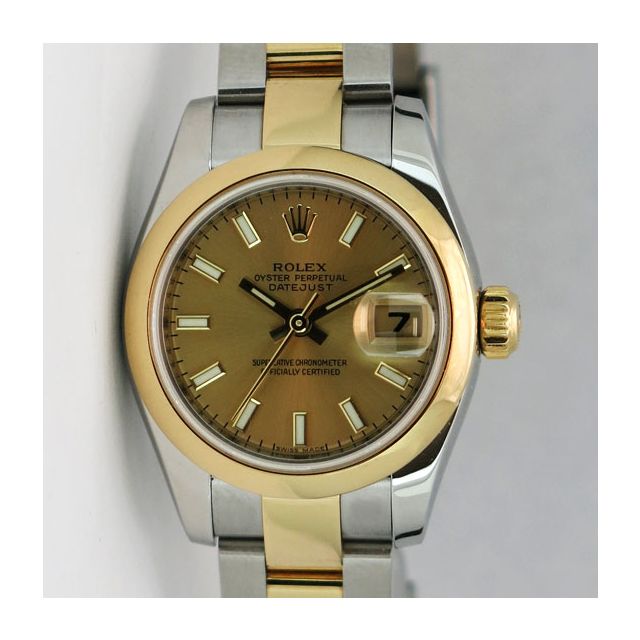Rolex Lady Datejust Yellow Gold Steel Champagne Bold Index Dial 179163 Rehaut Oyster Watch Chest