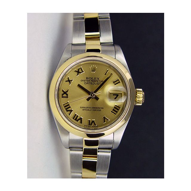 Rolex Lady Datejust Yellow Gold Steel Champagne Bold Roman Dial 79163 Oyster WATCH CHEST