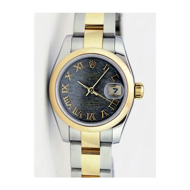 Rolex Lady Datejust Yellow Gold Steel Obsidian Roman Dial 179163 Rehaut Oyster Watch Chest