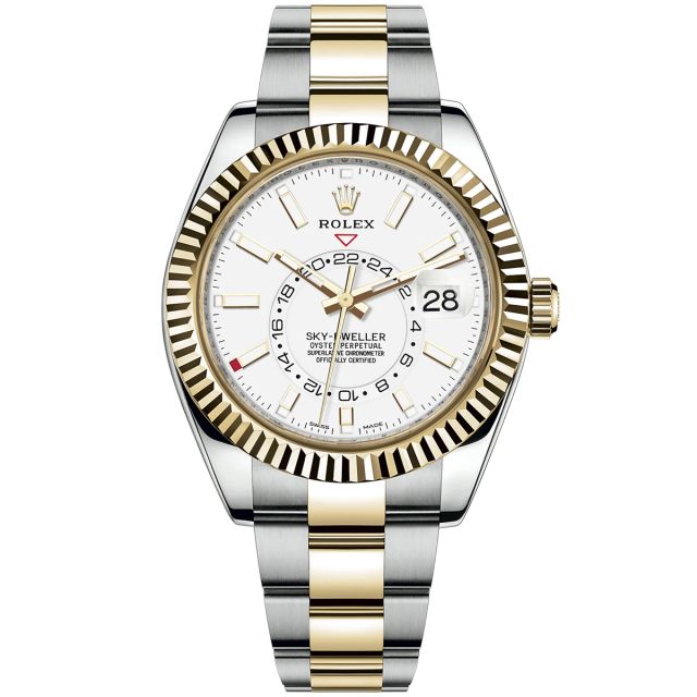 New Rolex Sky-Dweller 326933 Wristwatch, Oyster Bracelet, Intense White Dial, Fluted Bezel