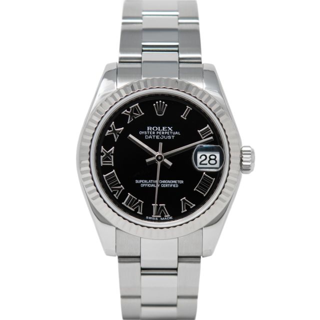 Rolex Datejust 31 178274 Wristwatch, Oyster Bracelet, Black Roman Dial, Fluted Bezel