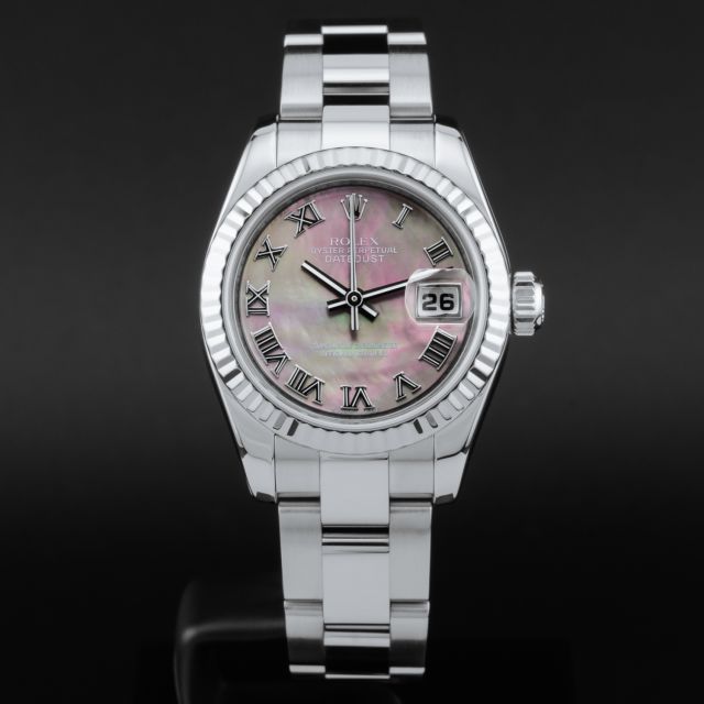Rolex Lady-Datejust 26, 179174, Steel & White Gold, Black Mother of Pearl Roman Dial, Oyster Bracelet, Renewed