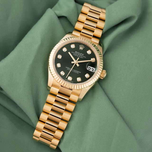 Rolex Datejust 31, 278278, Yellow Gold, Olive Green Diamond Dial, President Bracelet