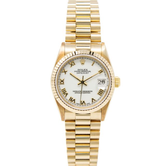 Rolex Lady Datejust 31 68278 Wristwatch, President Bracelet, White Roman Dial, Fluted Bezel