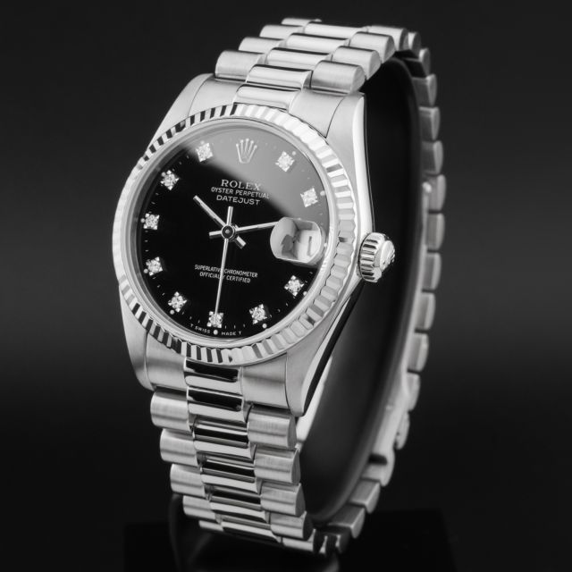 Rolex Datejust 31, 68279, White Gold, Aftermarket Black Diamond Dial, President Bracelet, Renewed