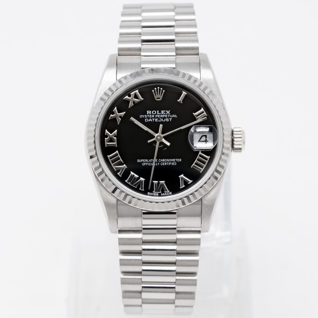 Rolex Datejust 31 68279 Wristwatch, Black Roman Dial, Fluted Bezel, President Bracelet