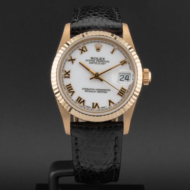 Rolex Datejust 31, 68278, Yellow Gold, White Roman Dial, Leather Strap, Renewed