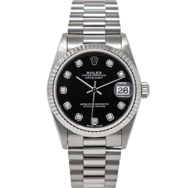 Rolex Datejust 31 78279 Wristwatch, President Bracelet, Black Diamond Dial, Fluted Bezel