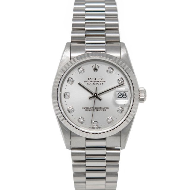 Rolex Datejust 31 President 68279 Wristwatch, President Bracelet, Silver Diamond Dial, Fluted Bezel