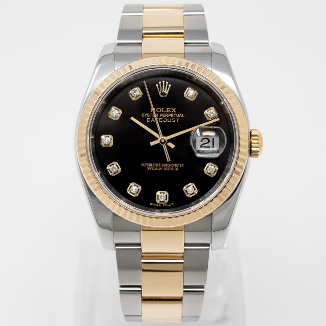 Rolex Datejust 36 116233 Wristwatch, Oyster Bracelet, Black Diamond Dial, Fluted Bezel