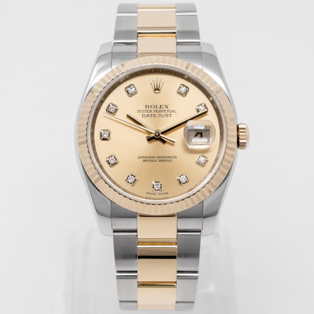 Rolex Datejust 36 116233 Wristwatch, Oyster Bracelet, Champagne Diamond Dial, Fluted Bezel