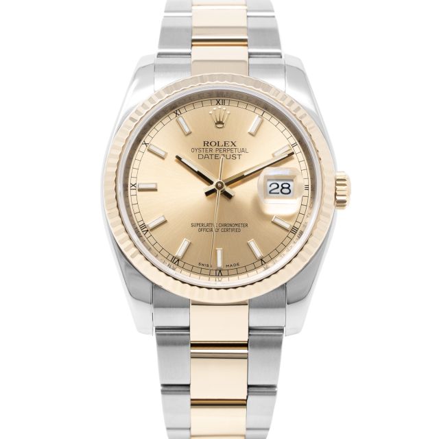 Rolex Datejust 36 116233 Wristwatch, Champagne Dial, Oyster Bracelet, Fluted Bezel
