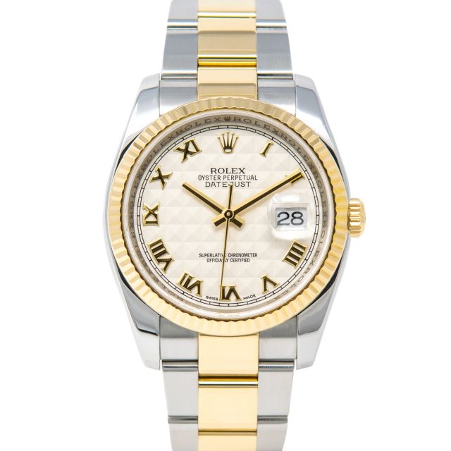 Rolex Datejust 36 116233, Steel & Yellow Gold, Ivory Pyramid Roman Dial, Oyster Bracelet, Box & Papers (Renewed)