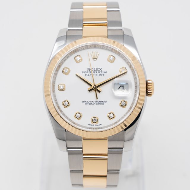 Rolex Datejust 36 116233 Wristwatch, Oyster Bracelet, White Diamond Dial, Fluted Bezel