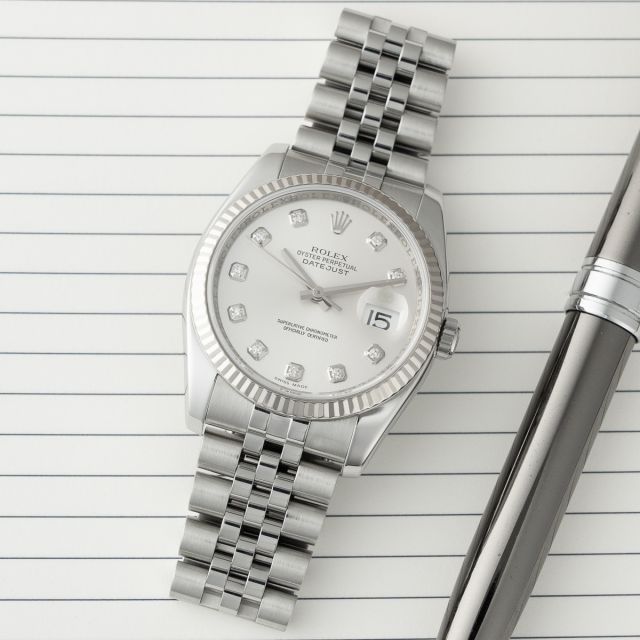 Rolex Datejust 36 116234 Wristwatch, Jubilee Bracelet, Silver Diamond Dial, Fluted Bezel