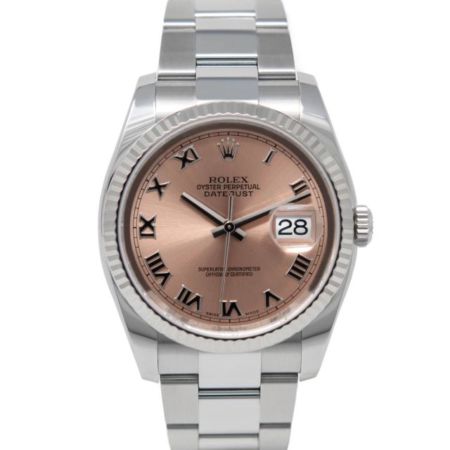 Rolex Datejust 36 116234 Wristwatch, Oyster Bracelet, Rose Roman Dial, Fluted Bezel