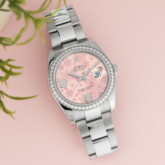 Rolex Datejust 36, 116244, Steel & White Gold, Diamond Bezel, Pink Floral Dial, Oyster Bracelet, Renewed