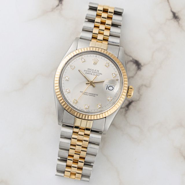 Rolex Datejust 36 16013 Wristwatch, Silver Diamond Dial, Jubilee Bracelet, Fluted Bezel