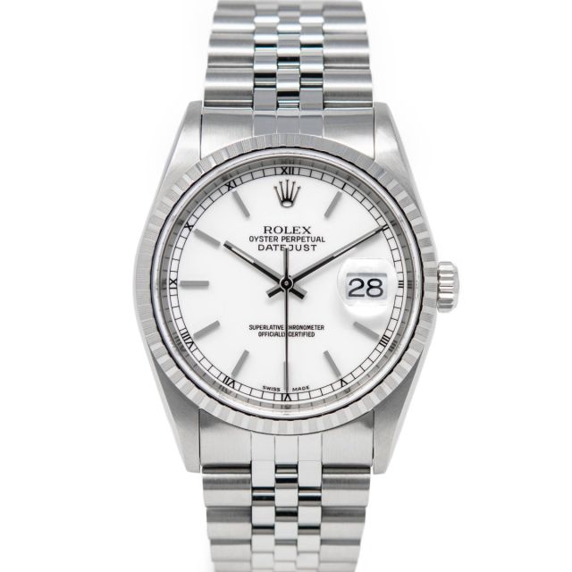 Rolex Datejust 36 16220 Wristwatch, Oyster Bracelet, White Index Dial, Engine-Turn Bezel
