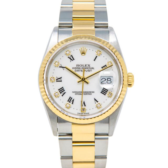 Rolex Datejust 36, White Roman Diamond Face, Steel & Gold, 16233
