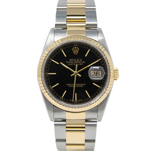 Rolex Datejust 36 16233 Wristwatch, Oyster Bracelet, Black Index Dial, Fluted Bezel