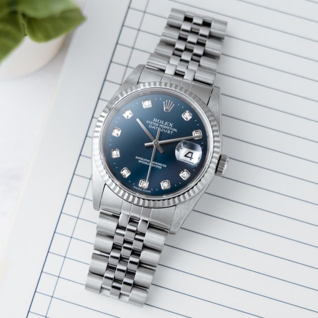 Rolex Datejust 36 16234 Wristwatch, Blue Diamond Dial, Jubilee Bracelet, Fluted Bezel