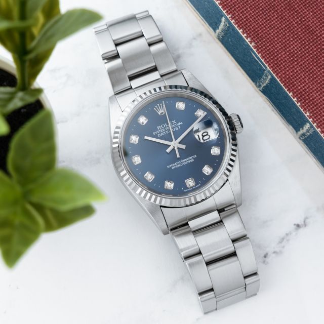 Rolex Datejust 36 16234 Wristwatch, Blue Diamond Dial, Oyster Bracelet, Fluted Bezel