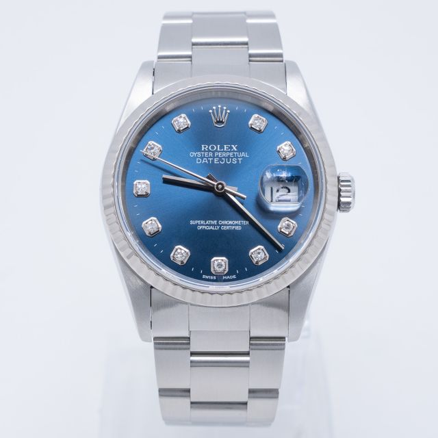 Rolex Datejust 36 16234 Wristwatch, Blue Diamond Dial, Oyster Bracelet, Fluted Bezel