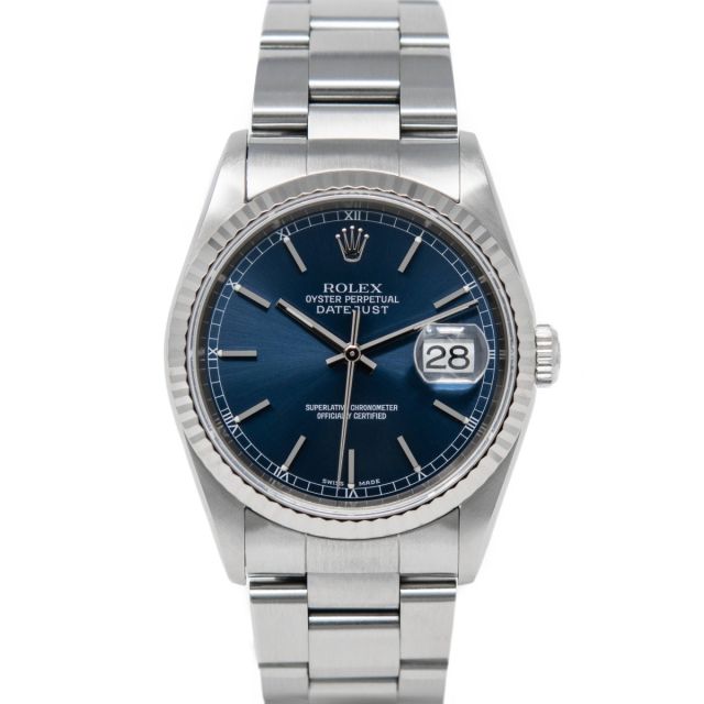 Rolex Datejust 36 16234 Wristwatch, Oyster Bracelet, Blue Index Dial, Fluted Bezel