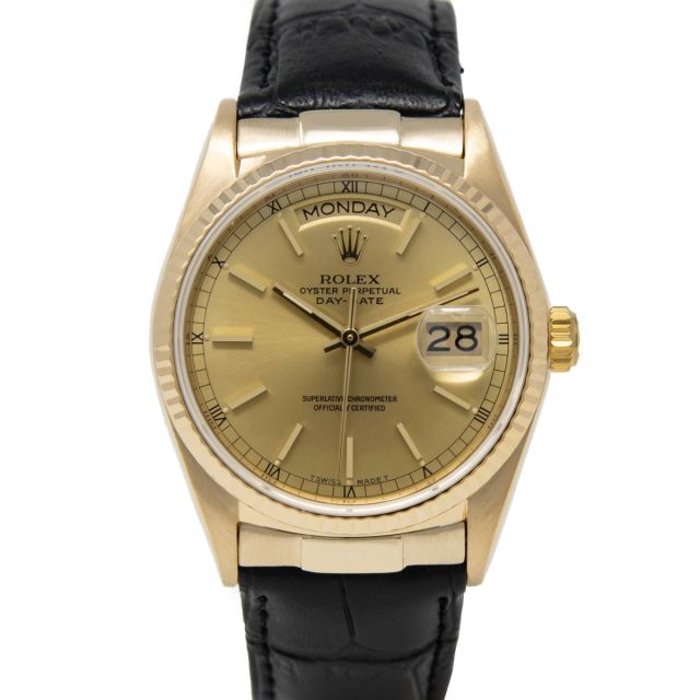 Rolex Day-Date 36 18038 Wristwatch, Custom Leather Strap, Champagne Index Dial, Fluted Bezel