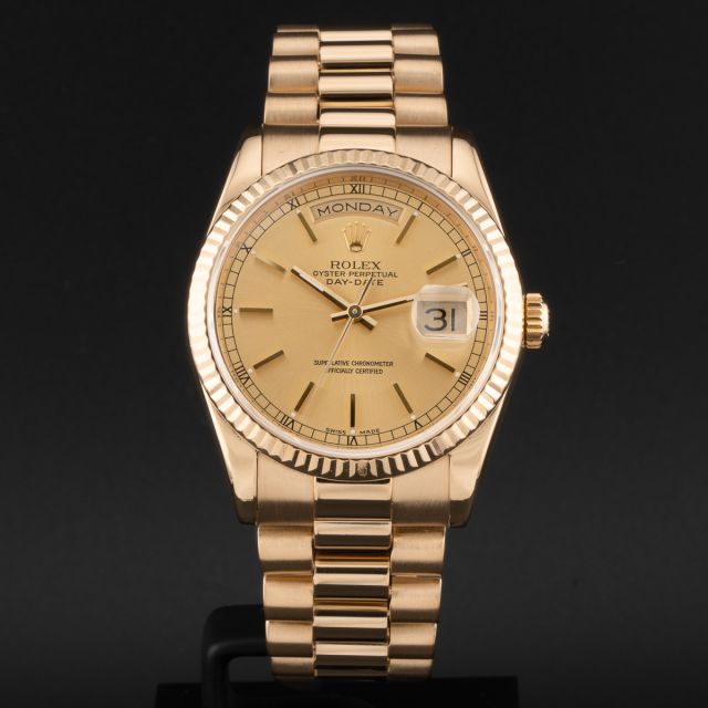 2001 Rolex Day-Date 36, 118238, Yellow Gold, Champagne Dial, President Bracelet, Box & Papers