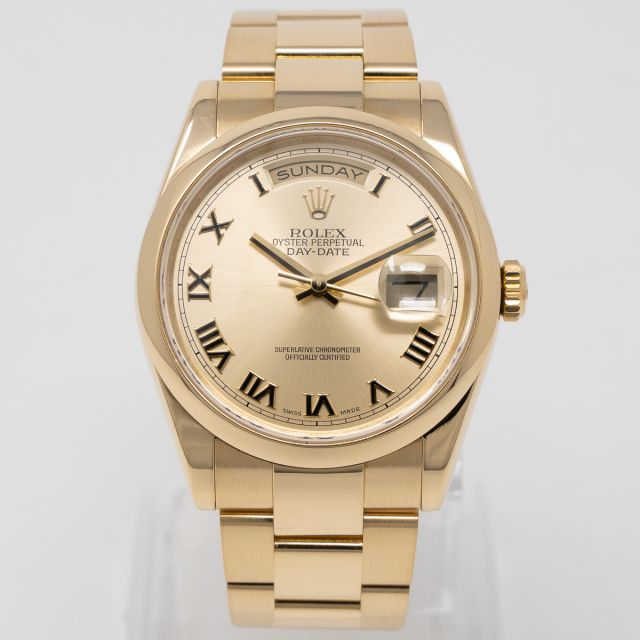 Rolex Day-Date 36 118208 Wristwatch, Champagne Roman Dial, Oyster Bracelet, Smooth Bezel