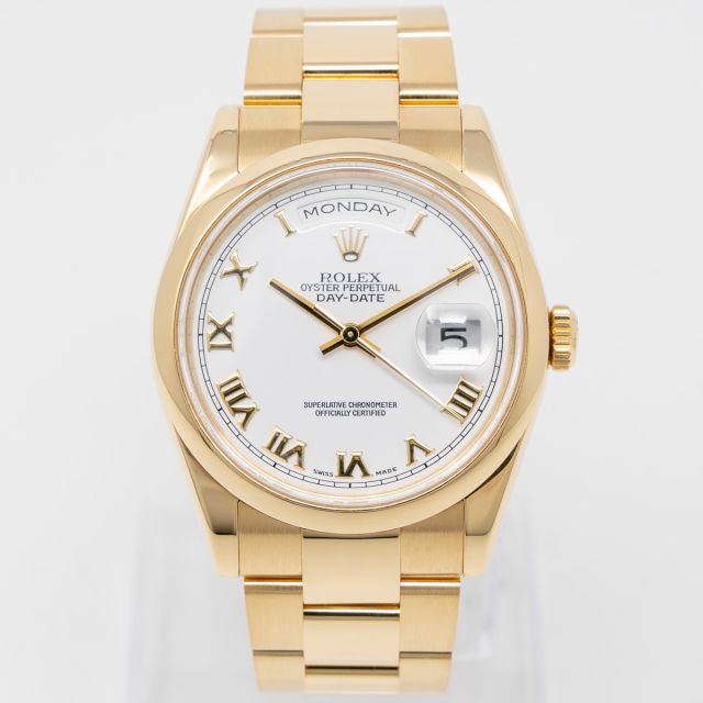 Rolex Day-Date 36 118208 Wristwatch, White Roman Dial, Oyster Bracelet, Domed Bezel