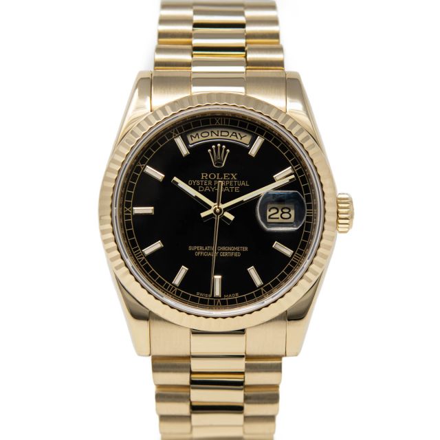 Rolex Day-Date 36 118238 Wristwatch, President Bracelet, Black Index Dial, Fluted Bezel