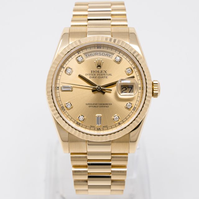 Rolex Day-Date 36 118238 Wristwatch, President Bracelet, Champagne Diamond Dial, Fluted Bezel