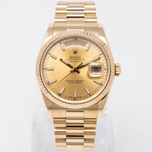 Rolex Day-Date 36 118238 Wristwatch, Champagne Dial, Fluted Bezel, President Bracelet