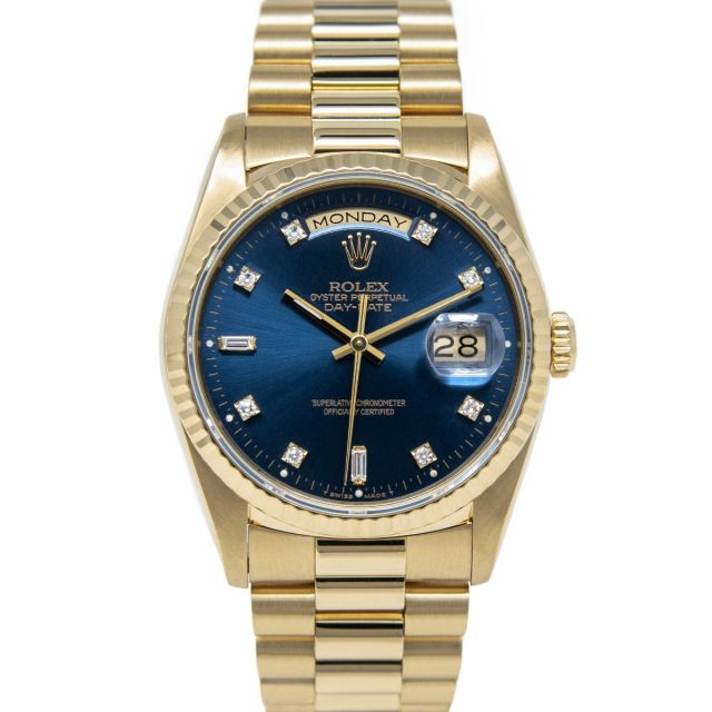 Rolex Day-Date 36 18038 Wristwatch, President Bracelet, Blue Diamond Dial, Fluted Bezel